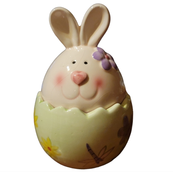 Vtg Bunny Candy Box Bowl Dish Egg Rabbit Ceramic Flowers Dragonfly Bee Ladybug - Picture 1 of 9